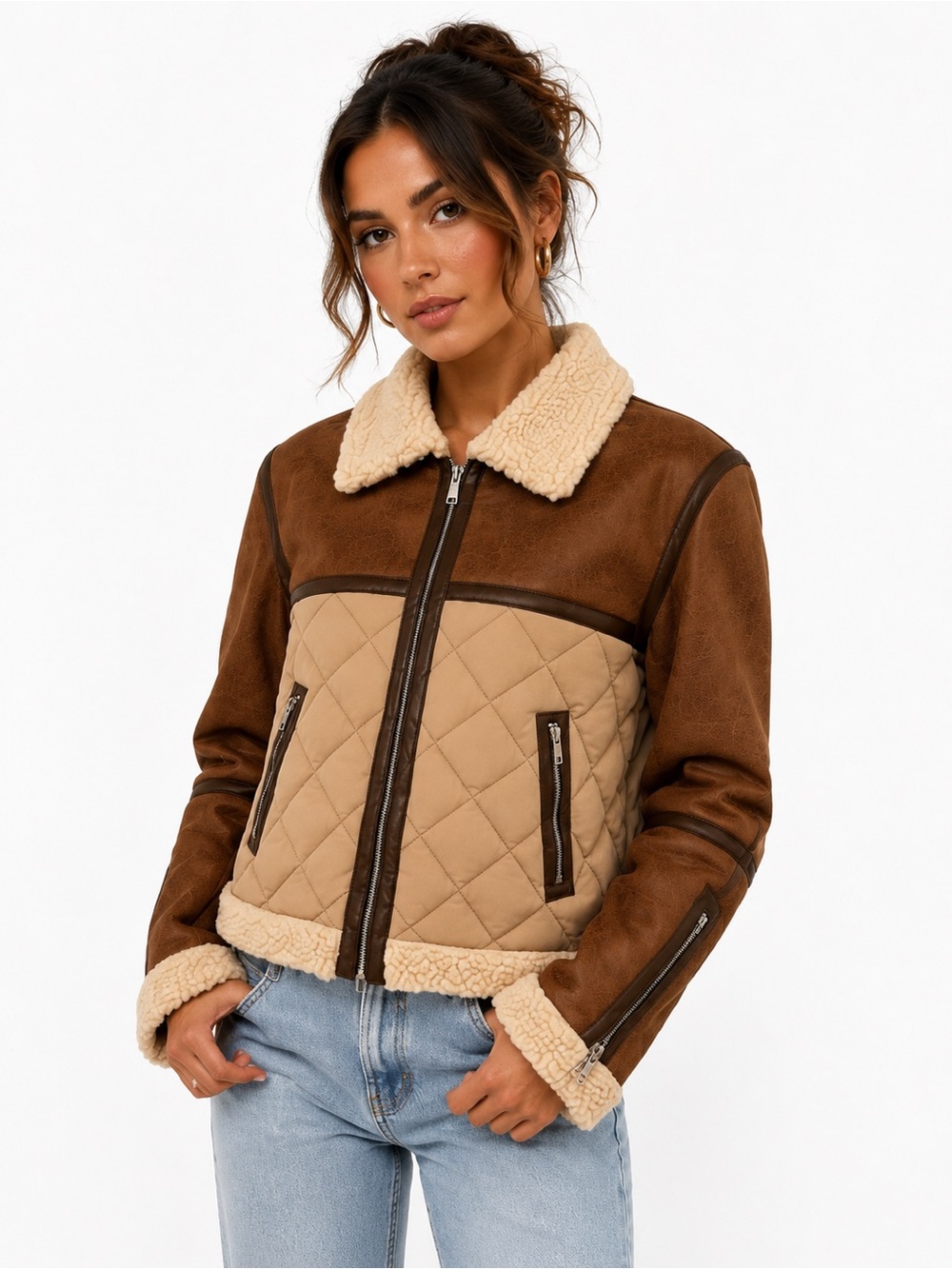 AMAPEL Tan/Beige Faux Leather Shearling Puffer Jacket L NWT